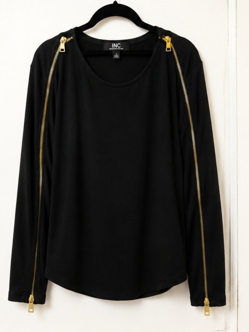 INC- Black Top With Full Length Exposed Gold Zippered Sleeves